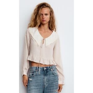 Zara Peter Pan Collar Ruffle Blouse Long Sleeve Peplum Top M Victorian cottage